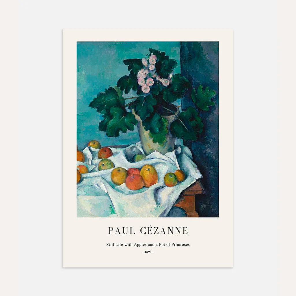 Paul Cézanne – Naturaleza muerta con manzanas y maceta de prímulas Póster