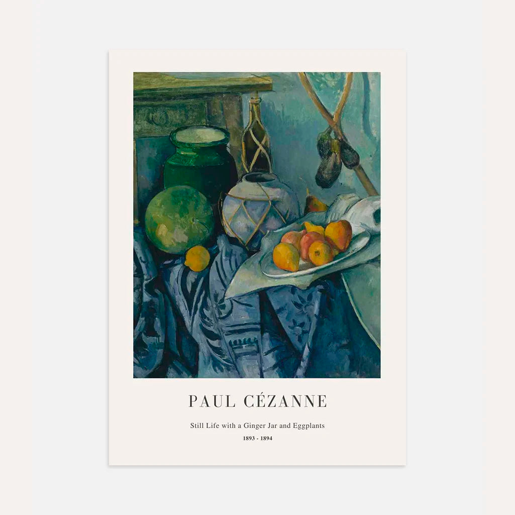 Paul Cézanne – Naturaleza muerta con tarro de jengibre y berenjenas Póster