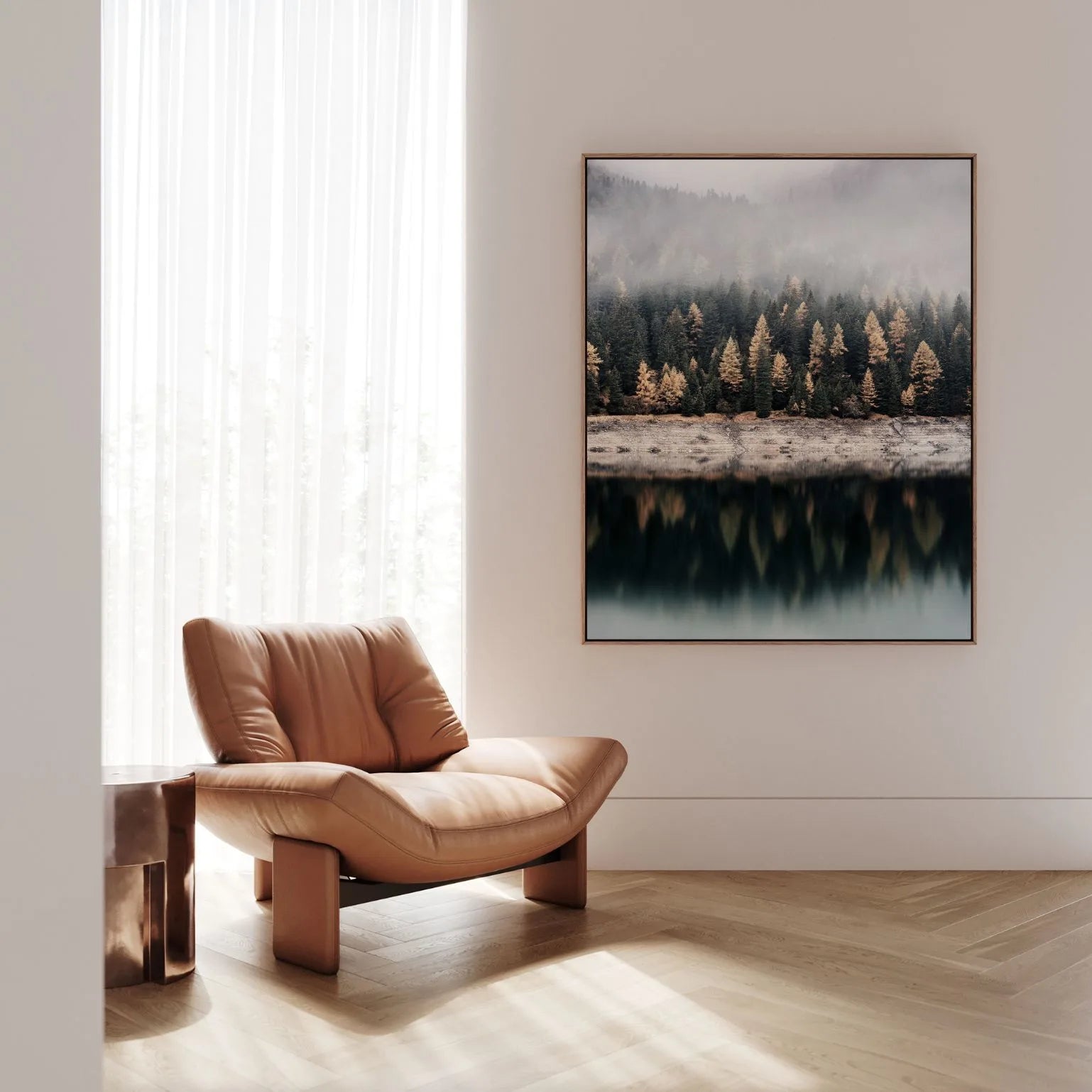 Lienzo enmarcado - Niebla matinal en el lago