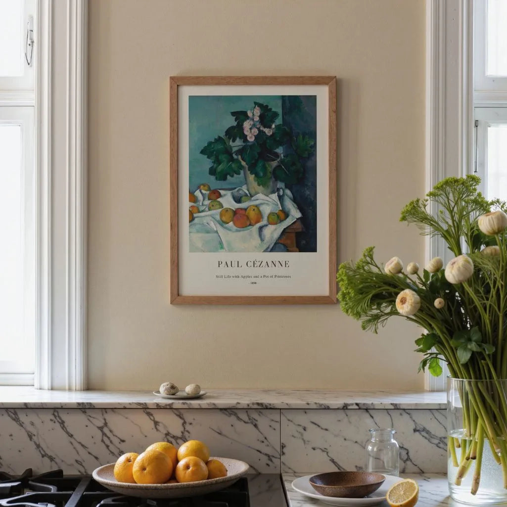 Paul Cézanne – Naturaleza muerta con manzanas y maceta de prímulas Póster