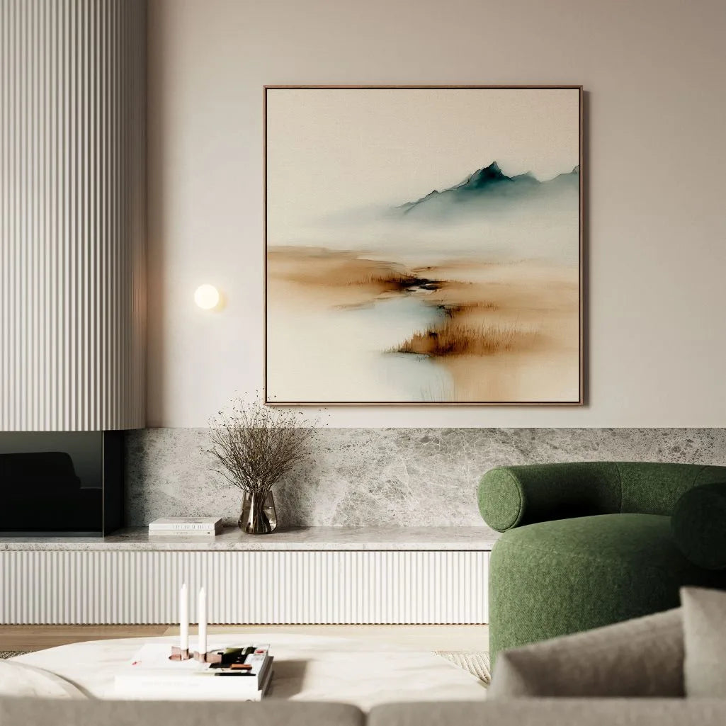 Lienzo enmarcado – Niebla beige y azul