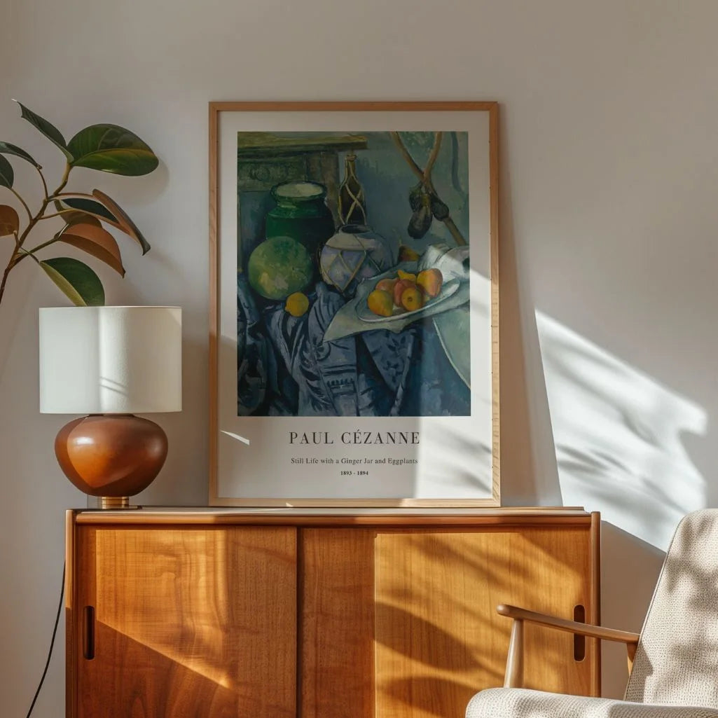 Paul Cézanne – Naturaleza muerta con tarro de jengibre y berenjenas Póster