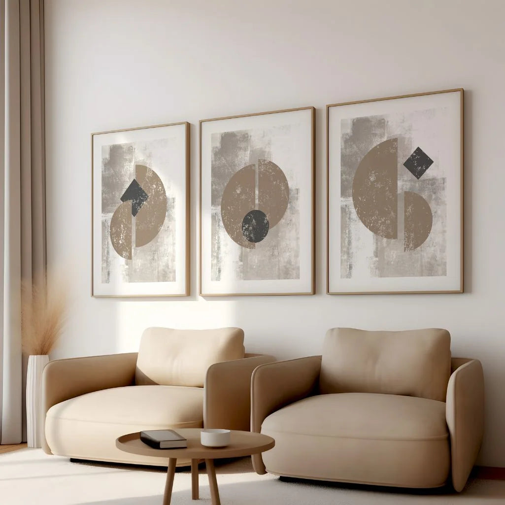beige black abstract circle and line poster set of 3 contemporary wall art