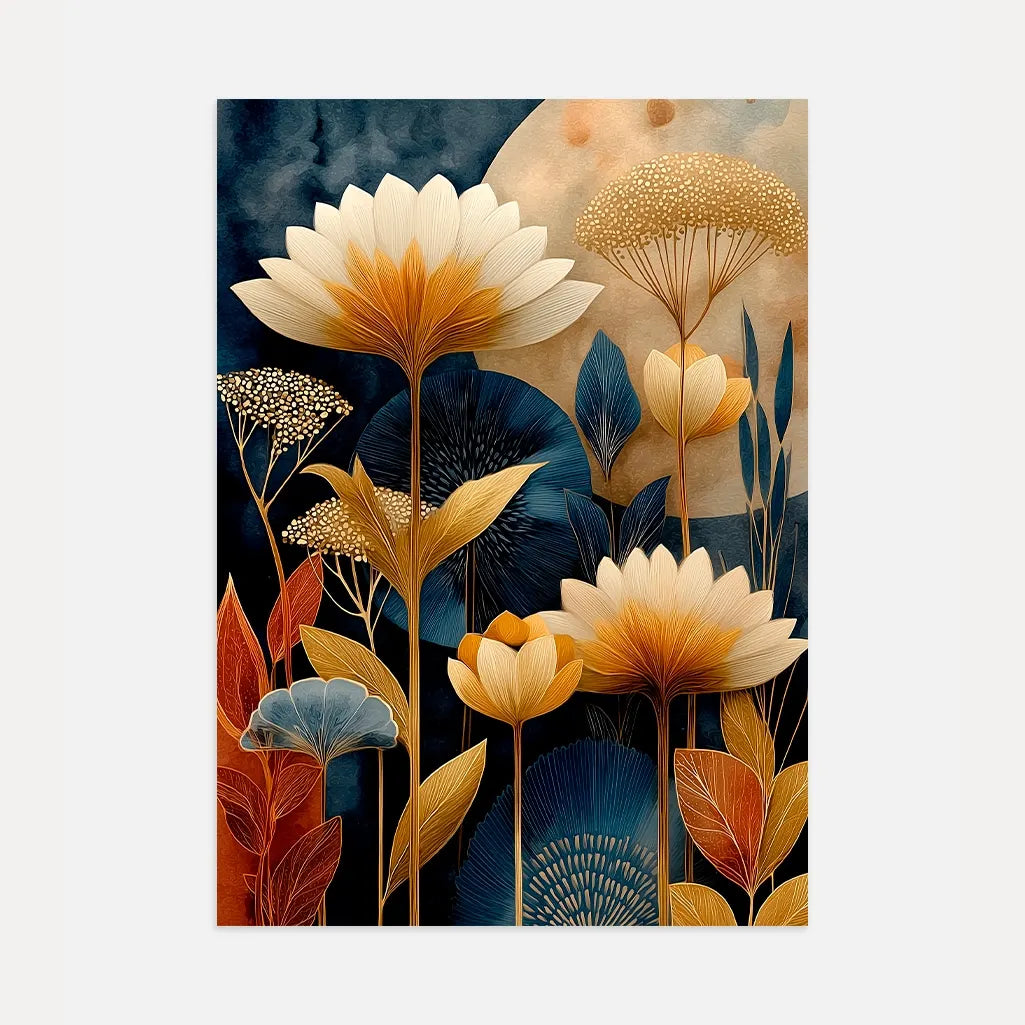 Abstract floral poster with navy blue and gold flowers, elegant botanical wall art for modern living room decor