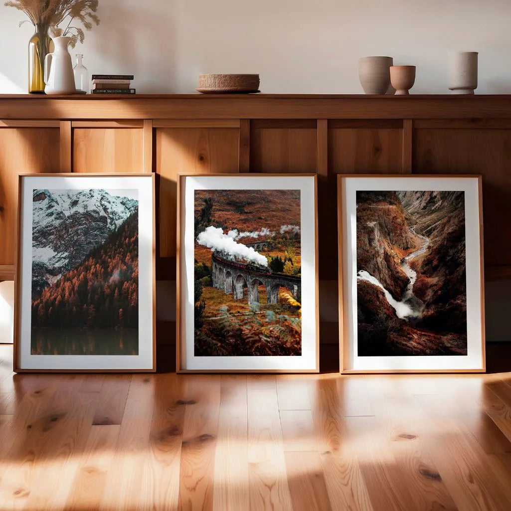 Autumn mountain travel poster set with railway landscape wall decor