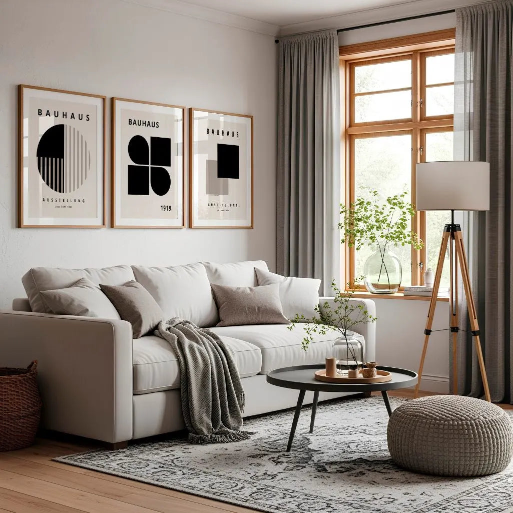 bauhaus black beige poster set structured design living room wall decor
