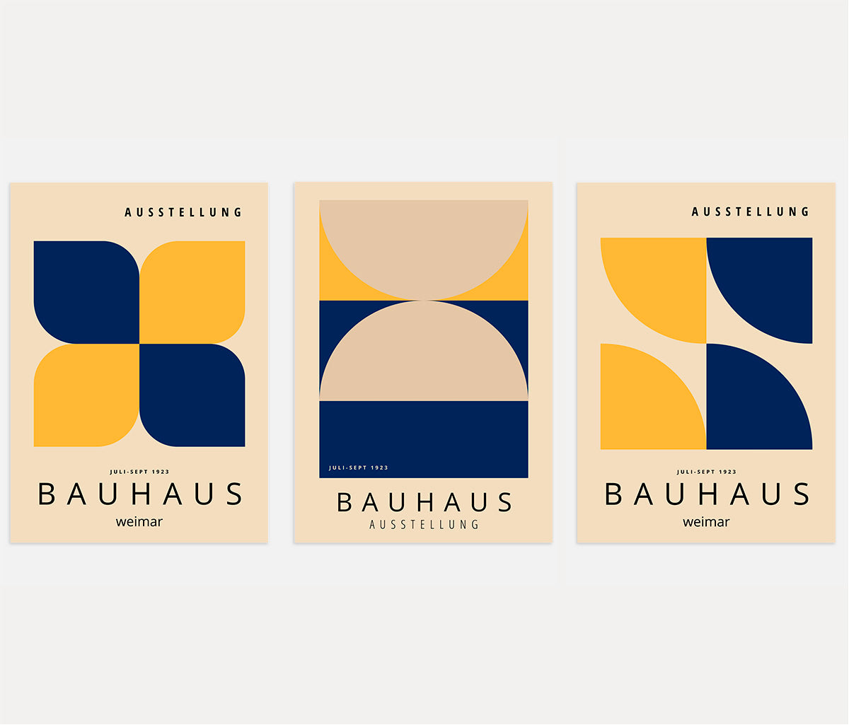 bauhaus poster set of 3 with navy yellow and beige geometric circles and color blocks