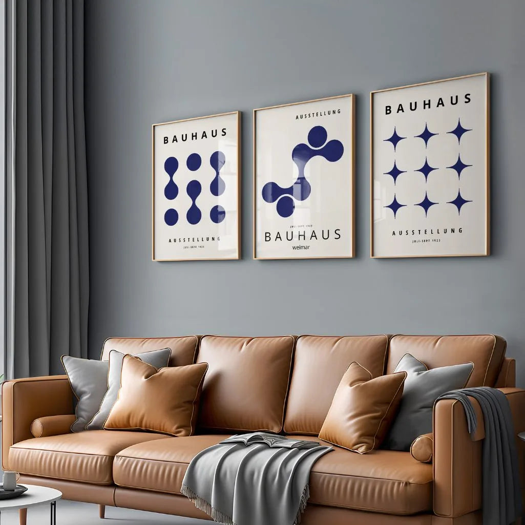 navy bauhaus wall art set with dot pattern in modern living room