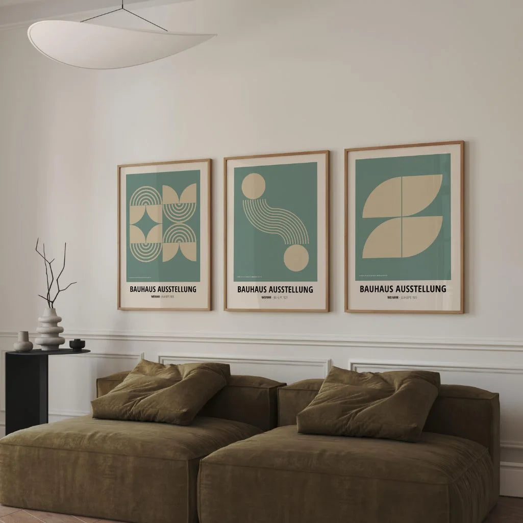 teal and beige bauhaus poster set arranged as modern gallery wall