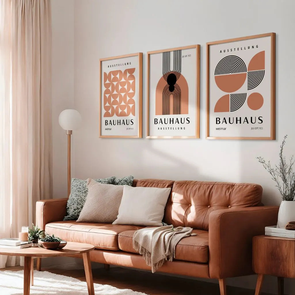 brown and black bauhaus wall art set with line composition in modern living room