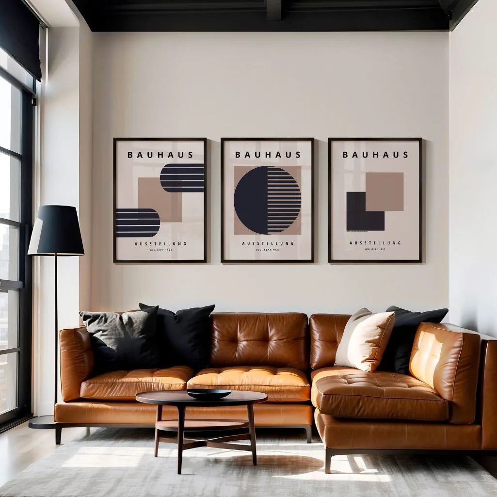 navy and beige geometric bauhaus poster set with bands in office