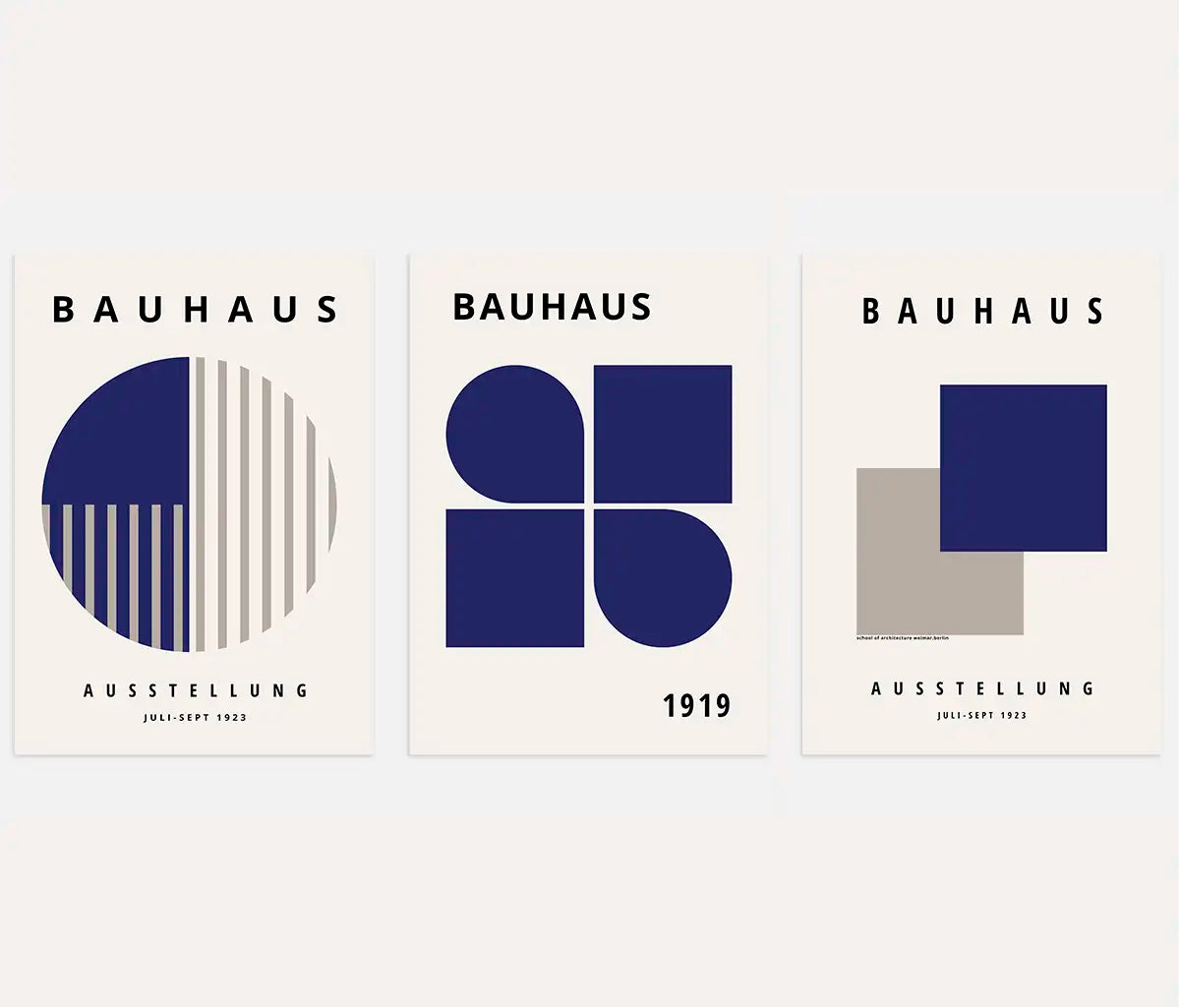 bauhaus poster set of 3 with navy and beige geometric circles and linear composition