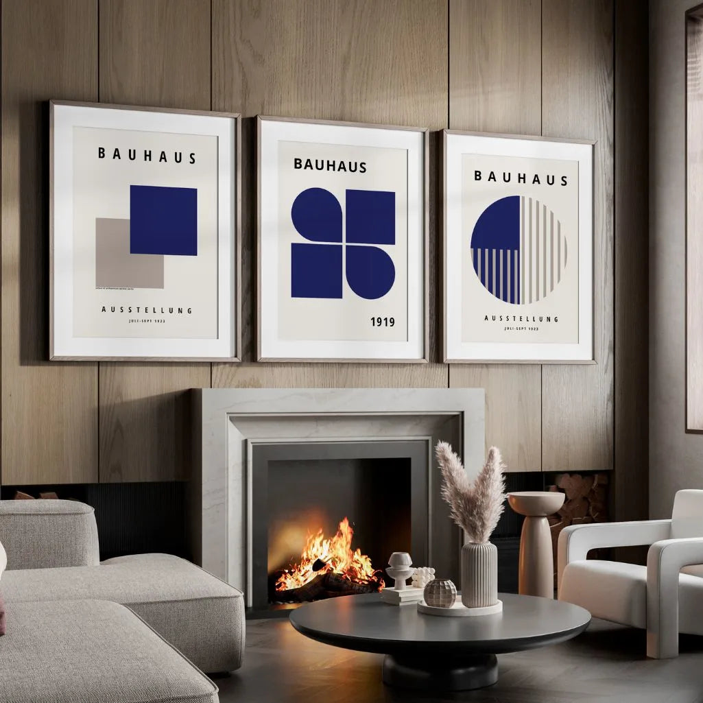navy and beige bauhaus wall art set in modern minimalist living room