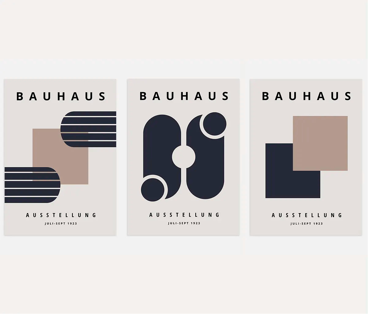 bauhaus poster set of 3 with beige and black abstract planes and geometric forms