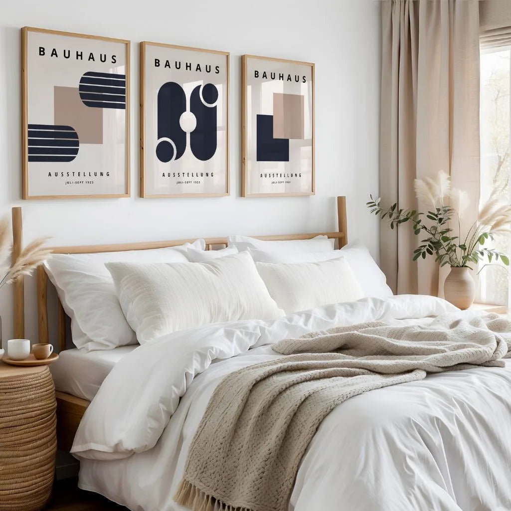 beige and black bauhaus wall art set with abstract planes in minimalist living room