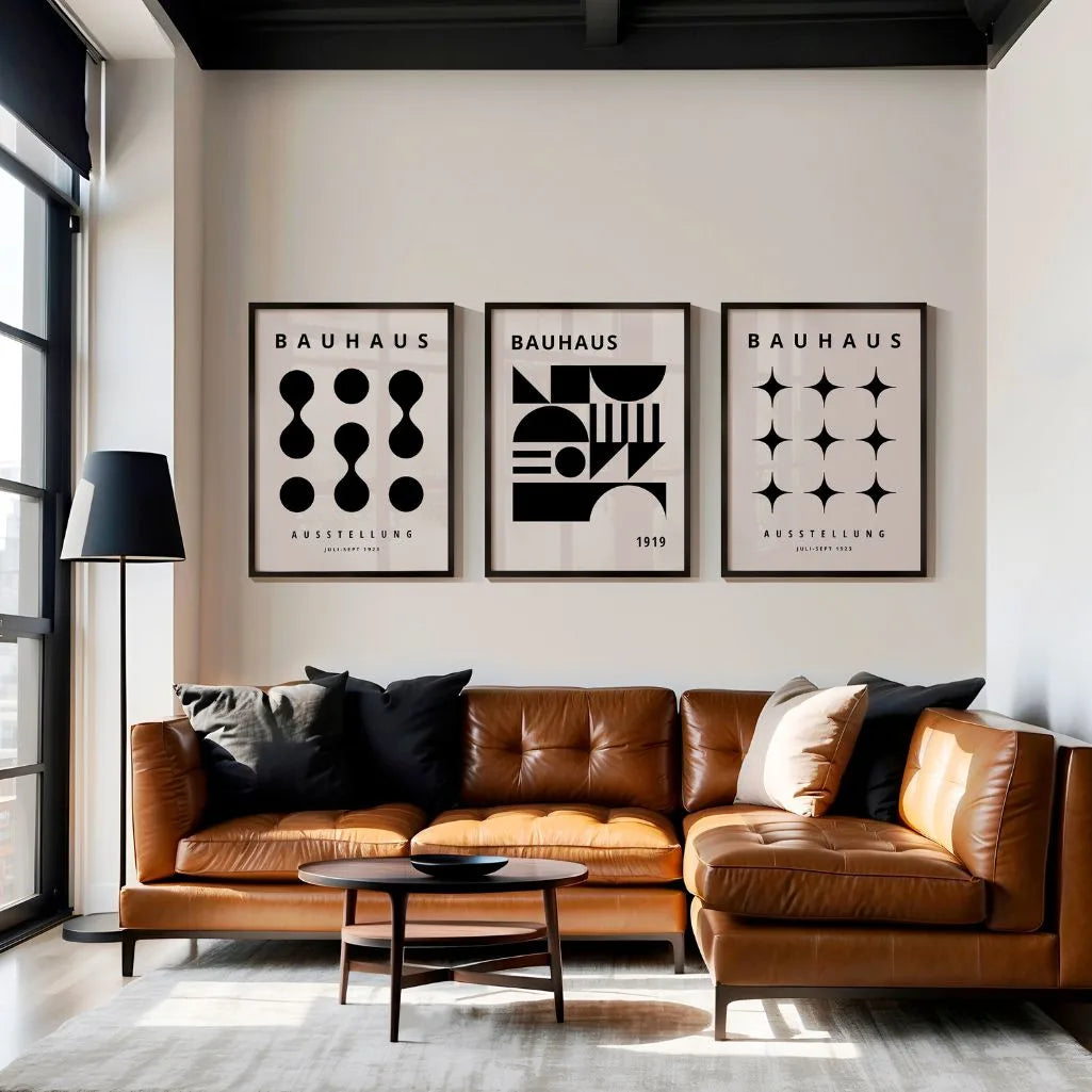 bauhaus silence poster set of 3 black beige modern interior minimal wall art