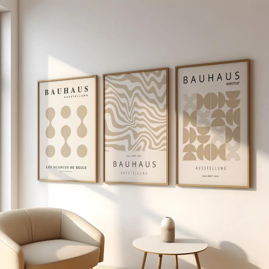 beige geometric bauhaus poster set in soft minimalist bedroom interior