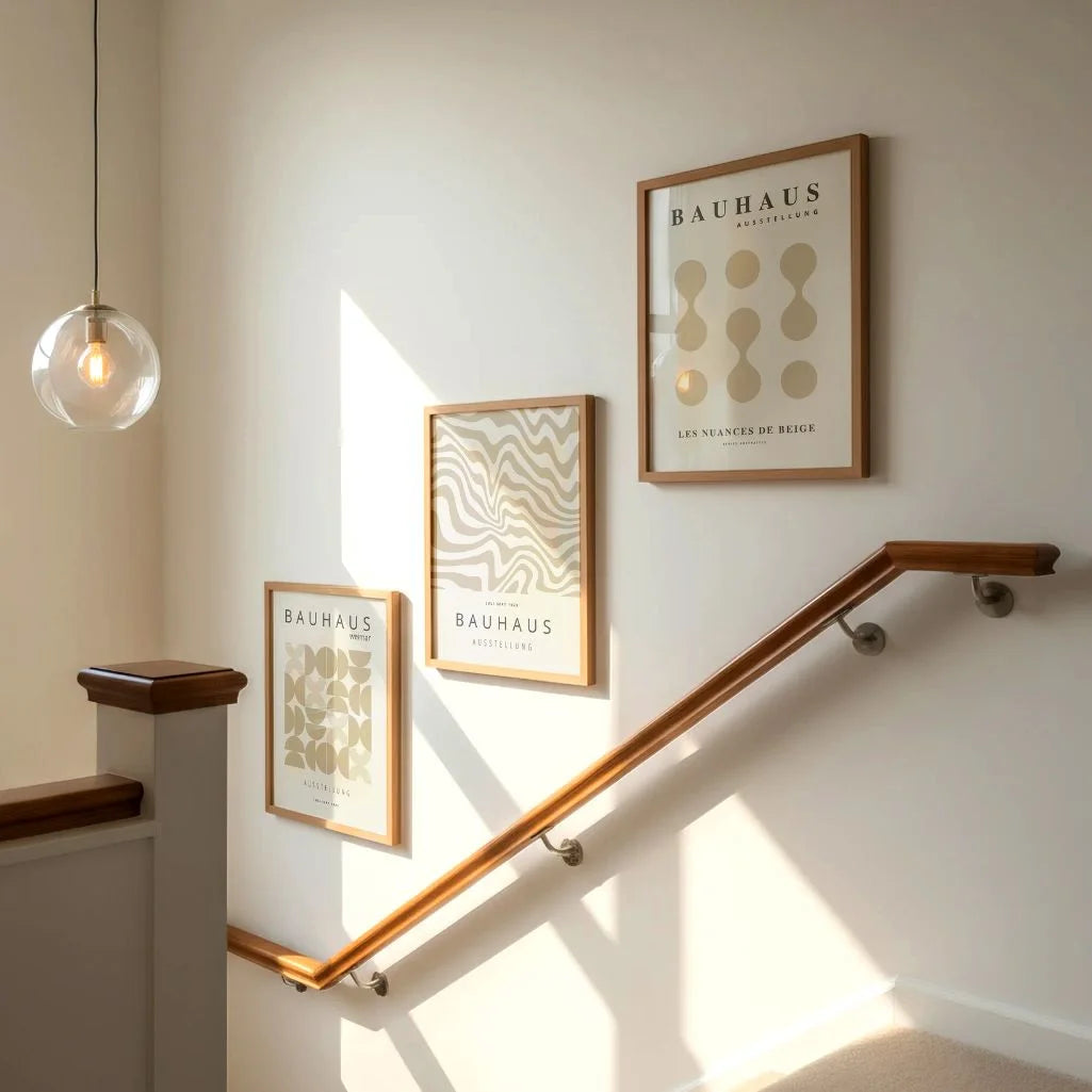 beige bauhaus poster set arranged in refined modern gallery wall