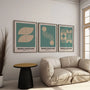 teal and beige bauhaus wall art set with curved shapes in modern living room