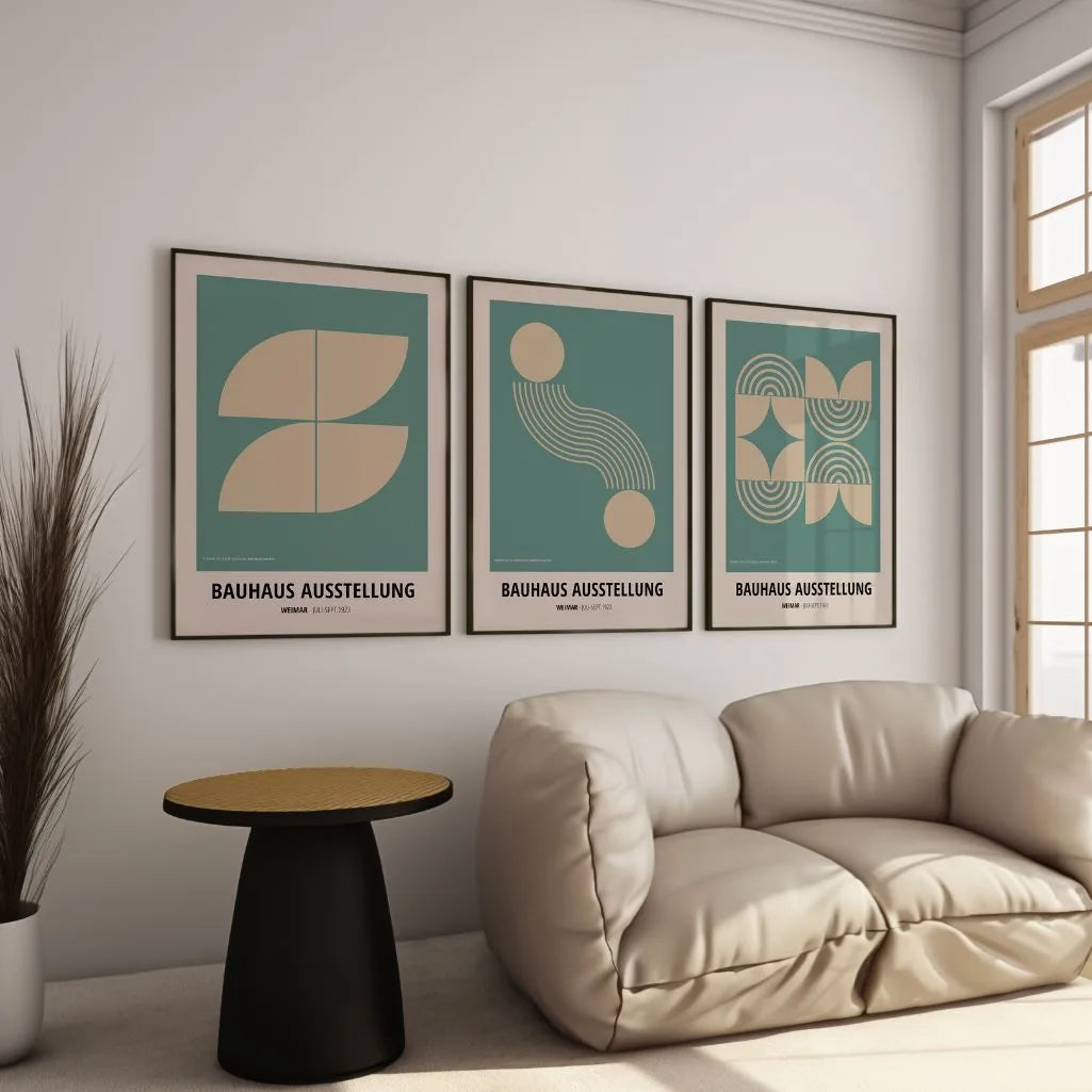 teal and beige bauhaus wall art set with curved shapes in modern living room