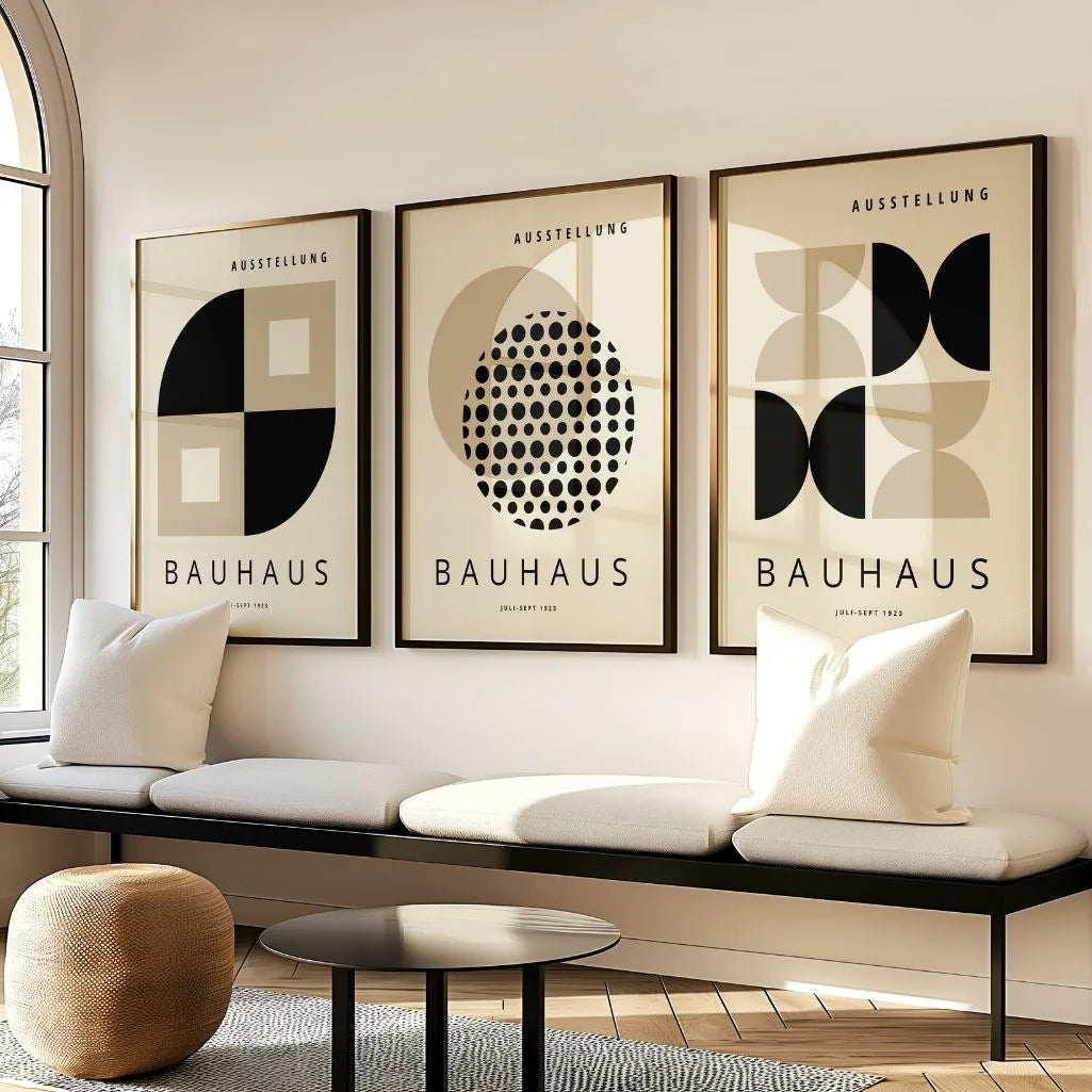 beige and black bauhaus wall art set in calm modern living room