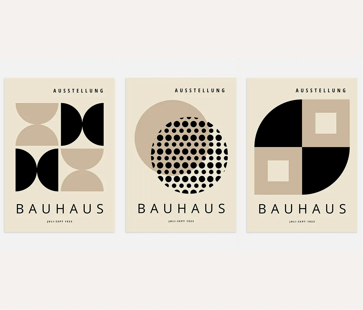 bauhaus poster set of 3 with beige and black circles half circles squares and modular layouts