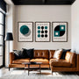 light green and black bauhaus poster set arranged in modern home gallery wall