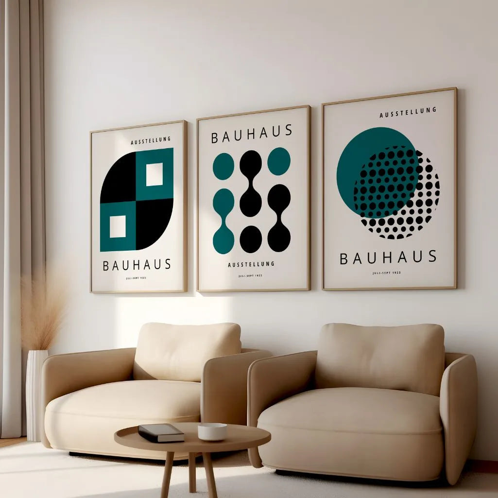 light green and black bauhaus wall art set in modern minimalist living room