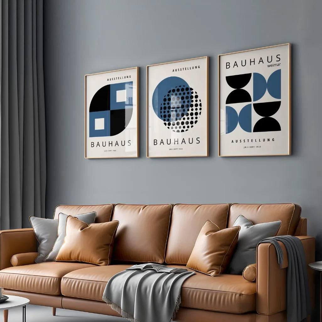 navy and black bauhaus wall art set in modern minimalist living room