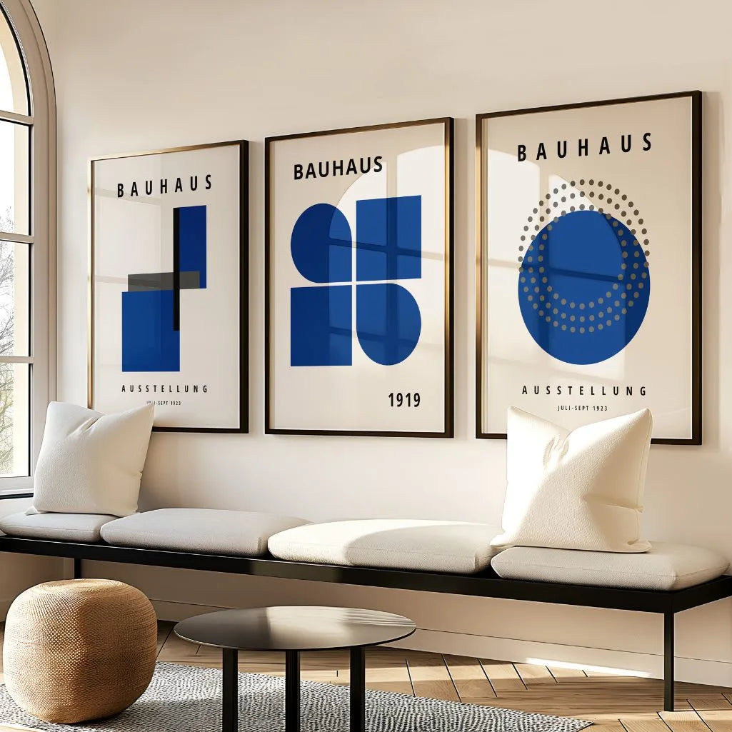 navy bauhaus wall art set in calm modern minimalist living room
