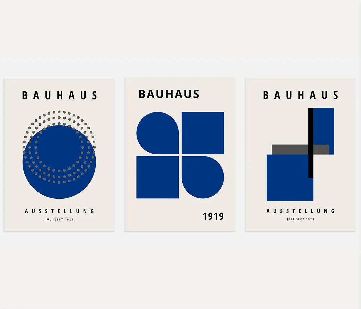 bauhaus poster set of 3 with navy circles half circles and simple geometric modules