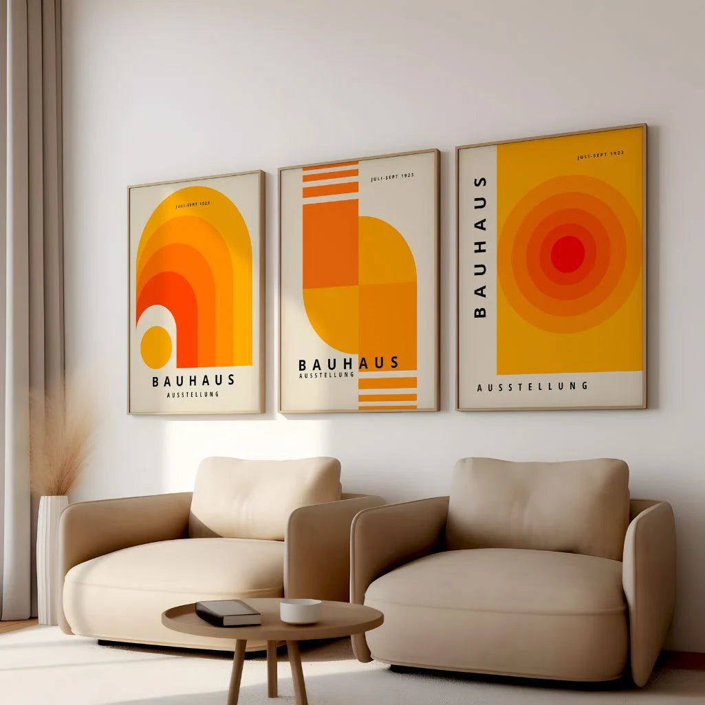 orange bauhaus poster set arranged in modern home gallery wall