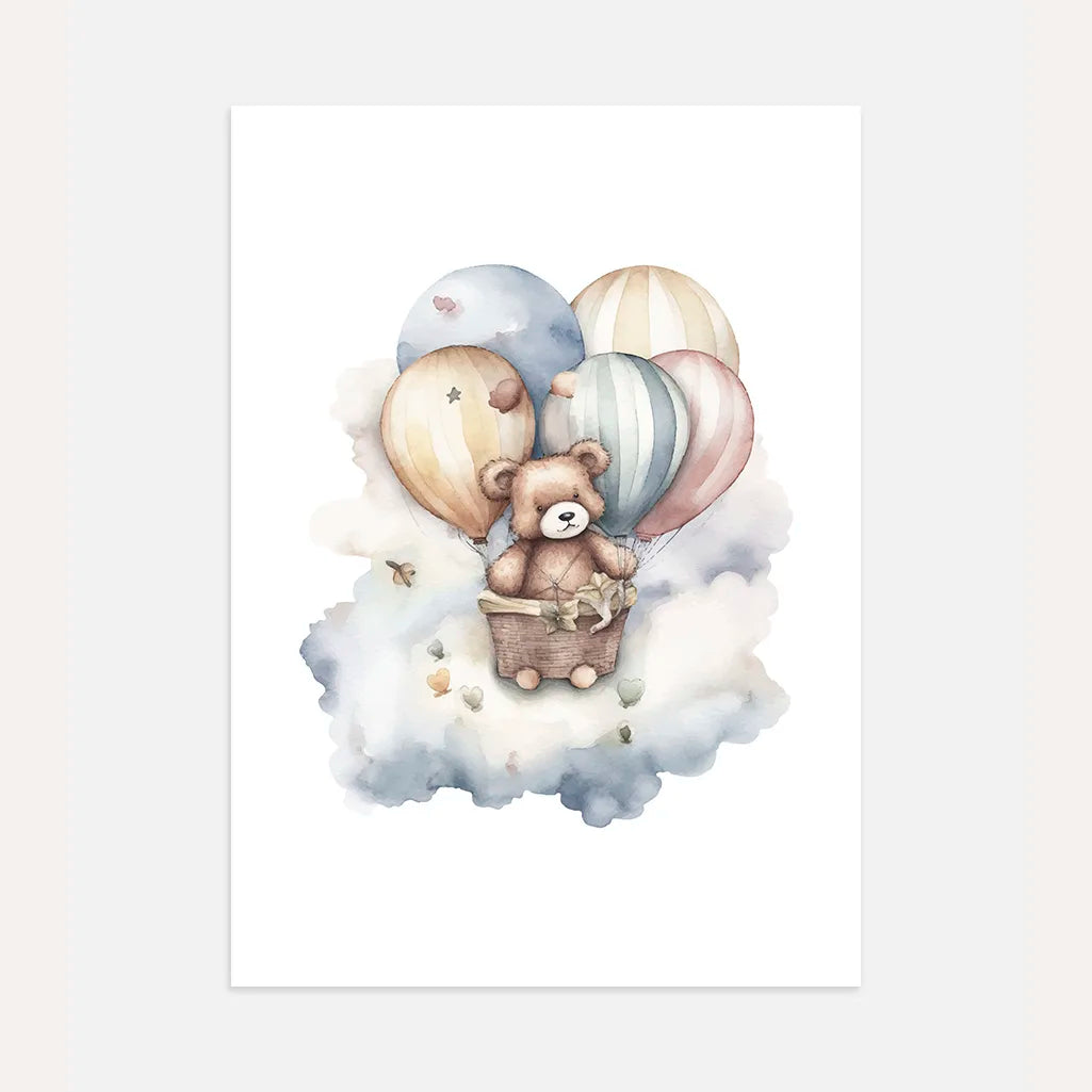 bear in basket with balloons poster kids wall art