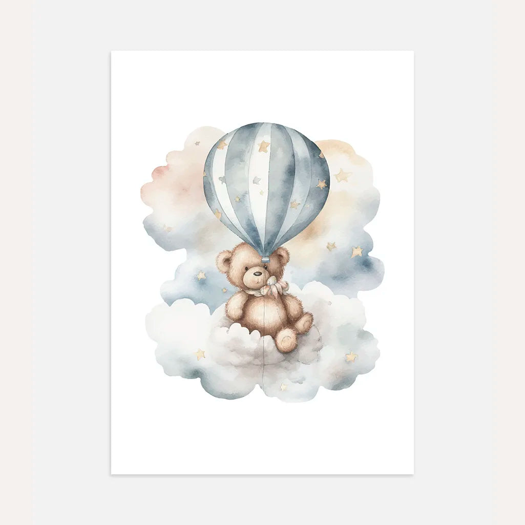 bear on cloud blue balloon poster kids wall art