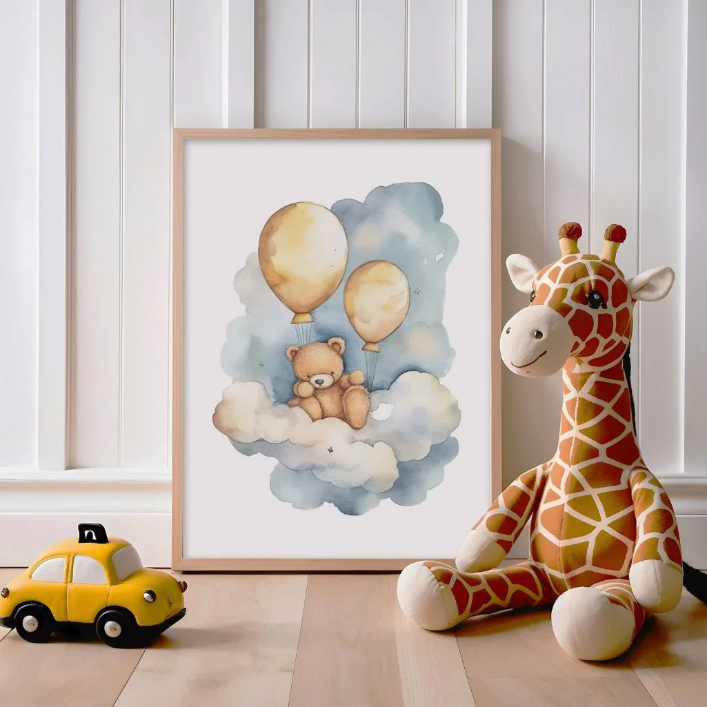 bear on cloud golden balloons poster nursery decor
