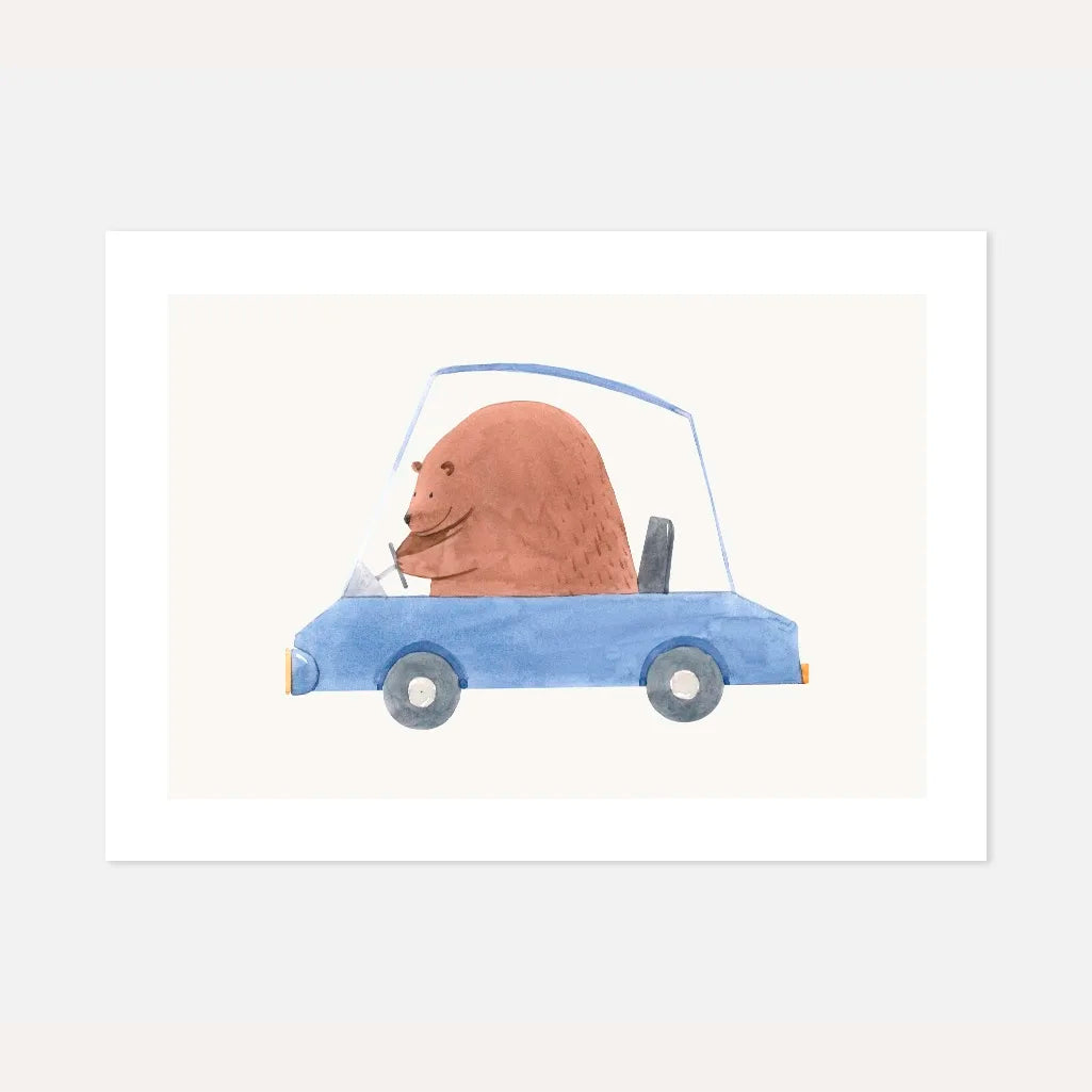 bear driving car poster kids wall art