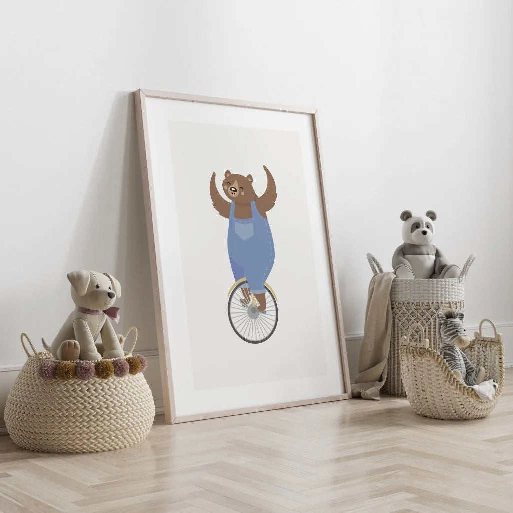 bear on unicycle poster kids bedroom wall art