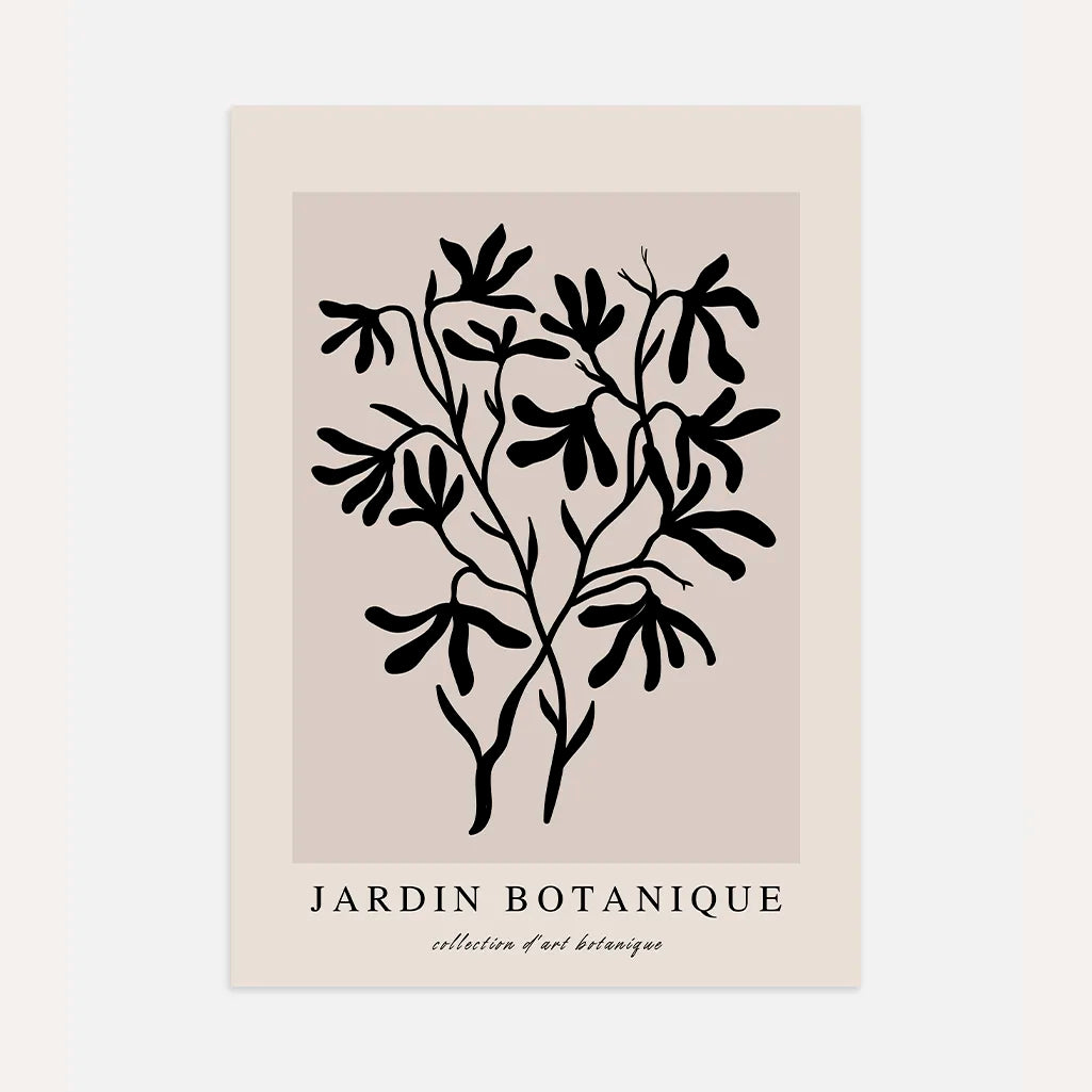 Black botanical branch poster on beige background with minimalist gallery style design