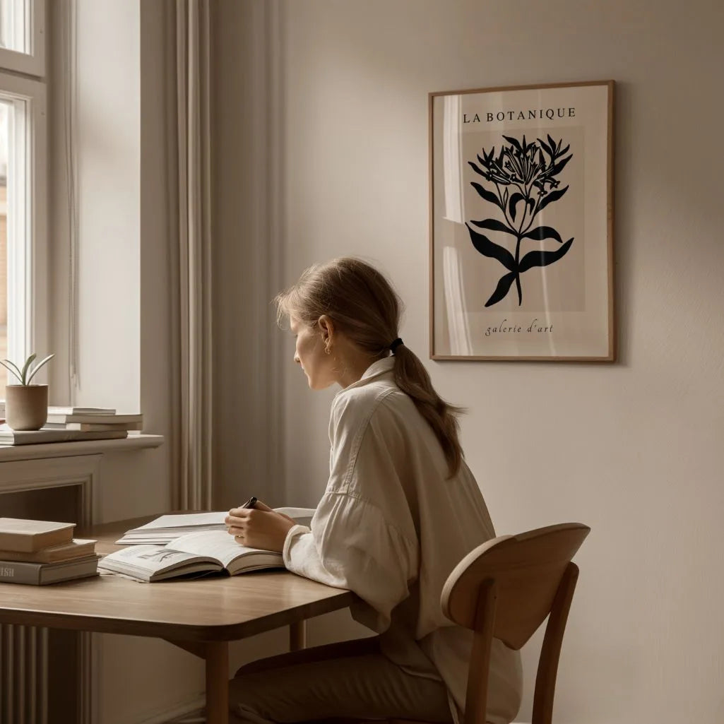 Black botanical flowers poster displayed in gallery wall with minimalist decor