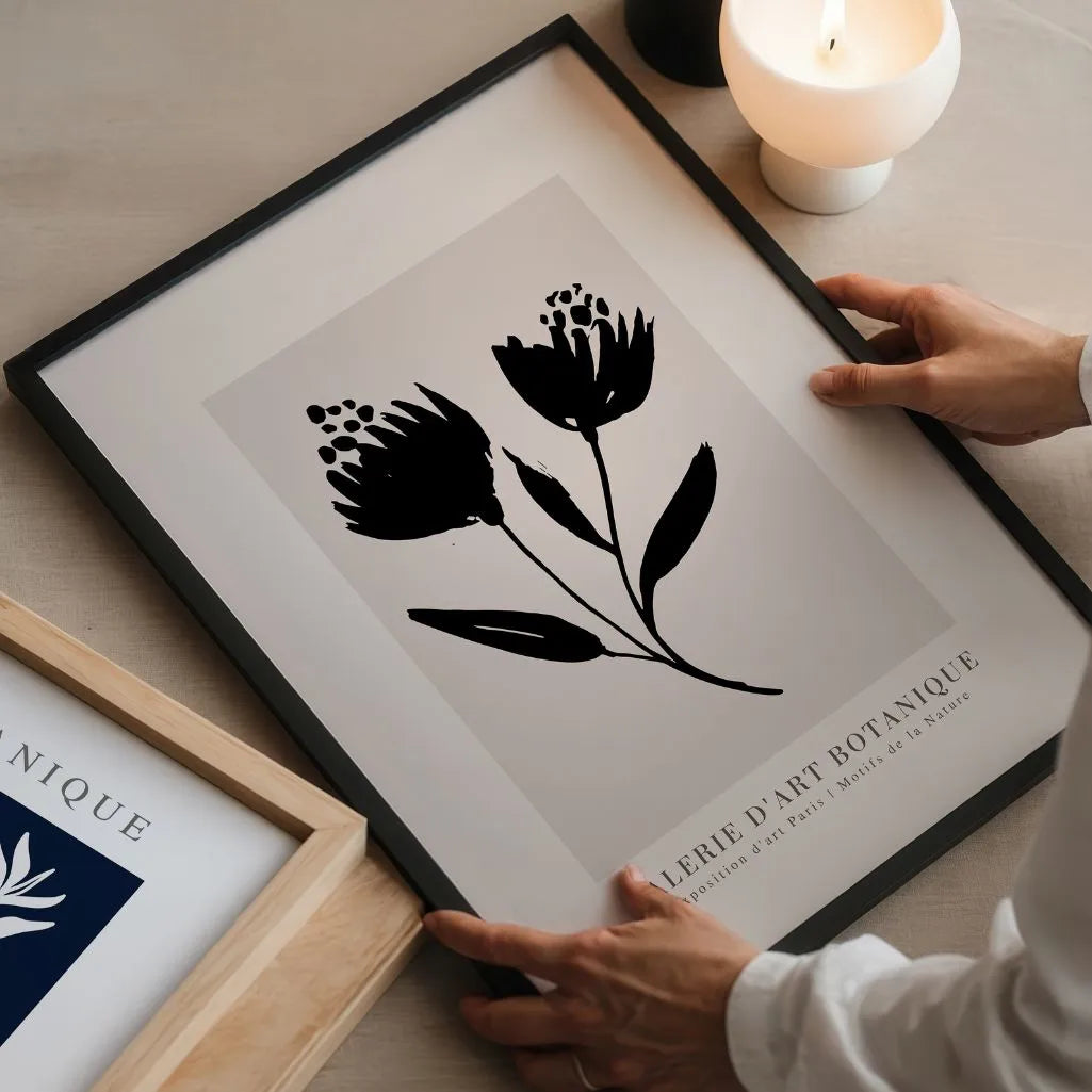 black flowers on beige poster gallery wall minimalist decor