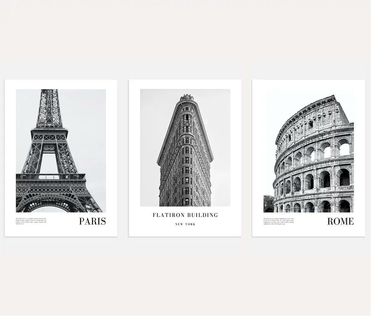 Black and white architecture poster set of 3 Paris New York Rome