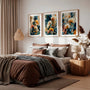 modern botanical gallery wall set with floral posters in soft blue and warm neutral tones
