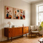 modern boho gallery wall with abstract plant motifs in beige and earthy tones for living room decor
