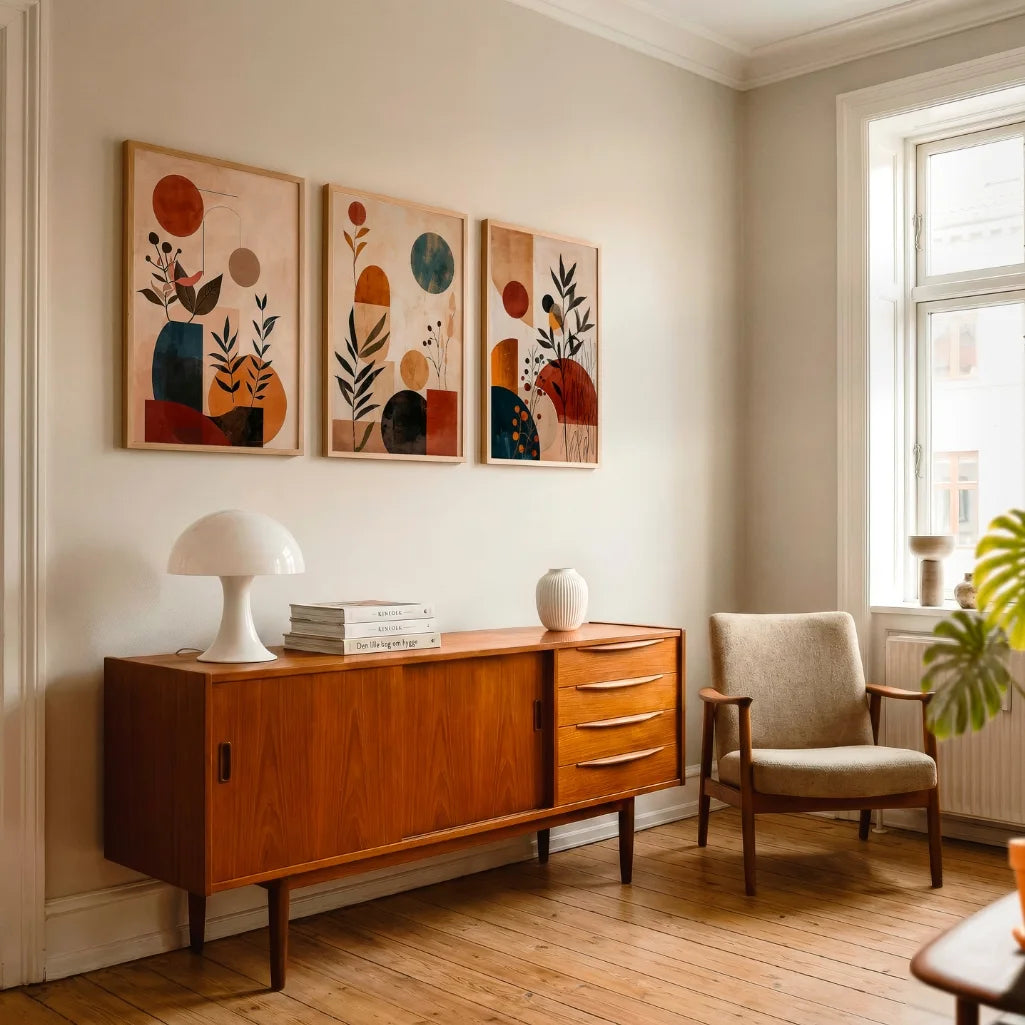 modern boho gallery wall with abstract plant motifs in beige and earthy tones for living room decor
