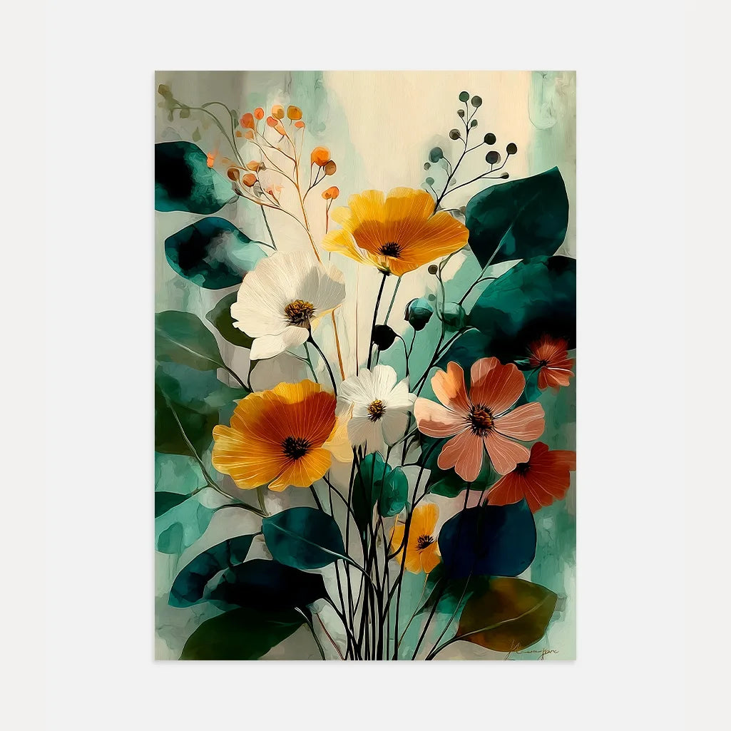 Sage green and yellow botanical floral poster with elegant flower wall art for modern bedroom decor