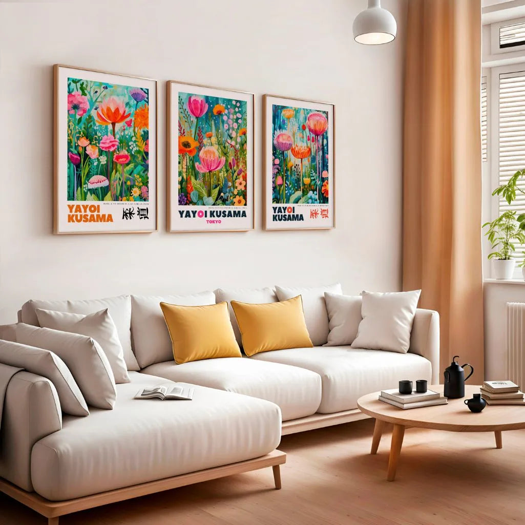 Gallery wall with colorful floral poster set of 3, modern botanical wall art in pink orange turquoise palette