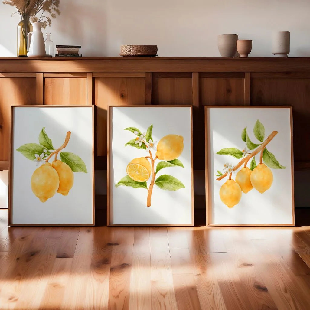 yellow green botanical lemon fruit poster set wall art for dining room decor