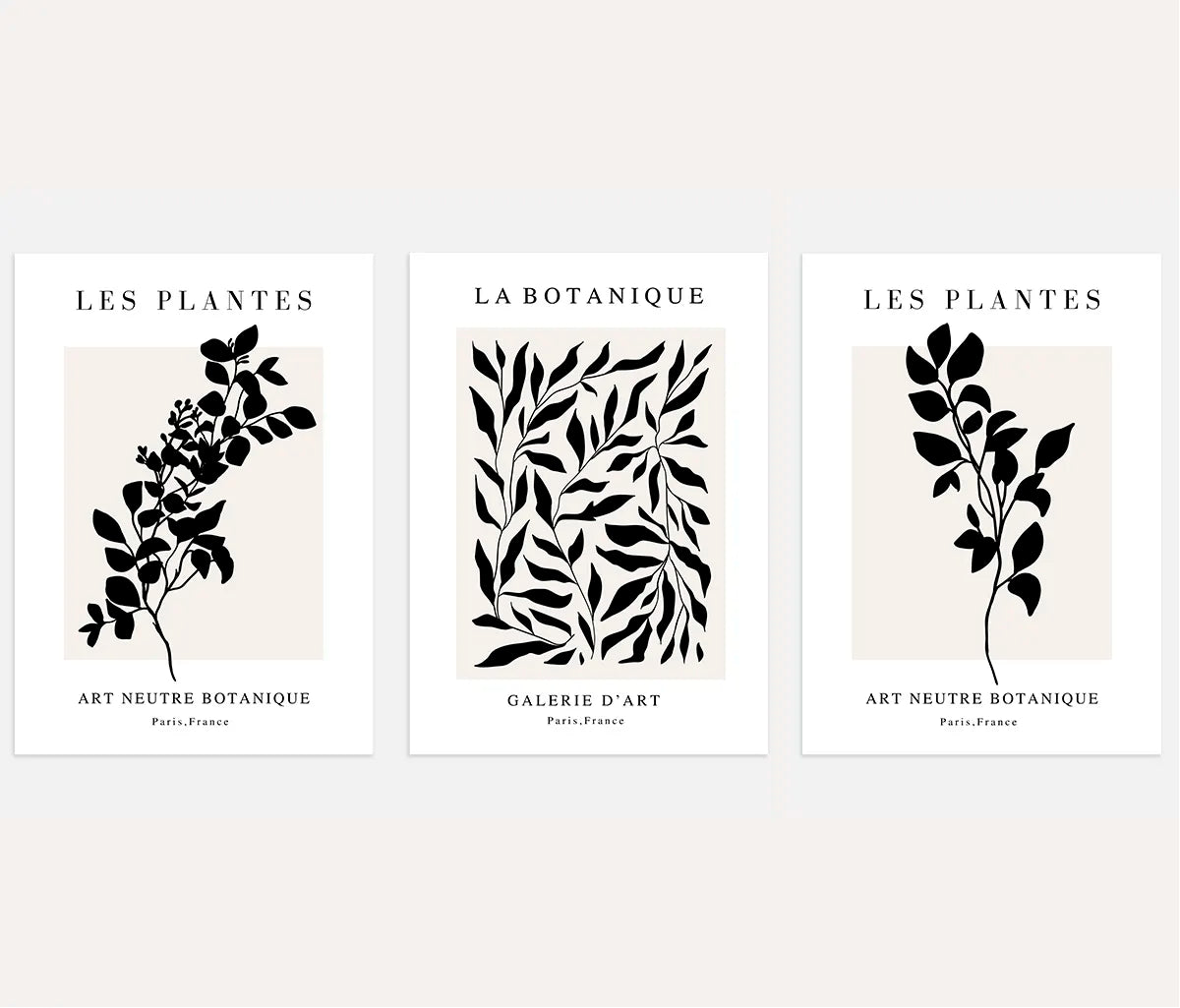 black botanical pattern poster set wall art for living room decor beige background