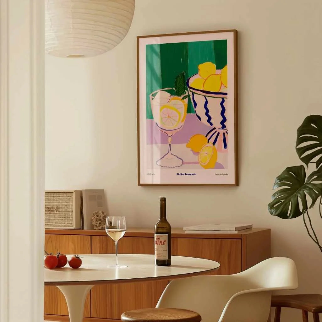citrus still life wall art in sunny dining area interior