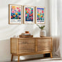 Colorful floral poster set with bright flowers in modern living room wall decor